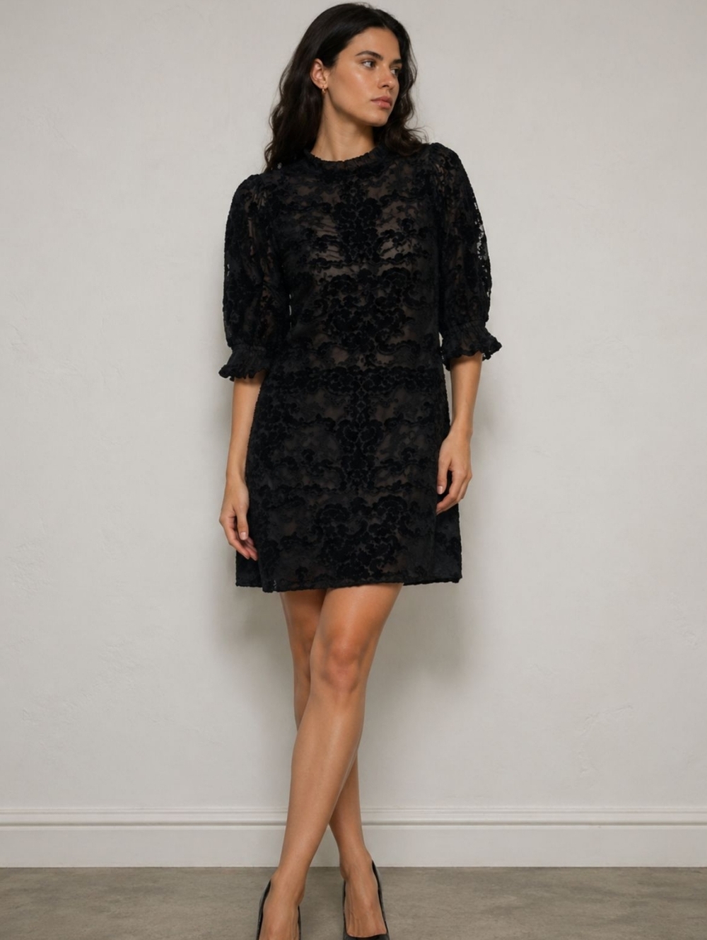 Sea New York Black Velvet and Lace Short Dress with Puff Sleeves
